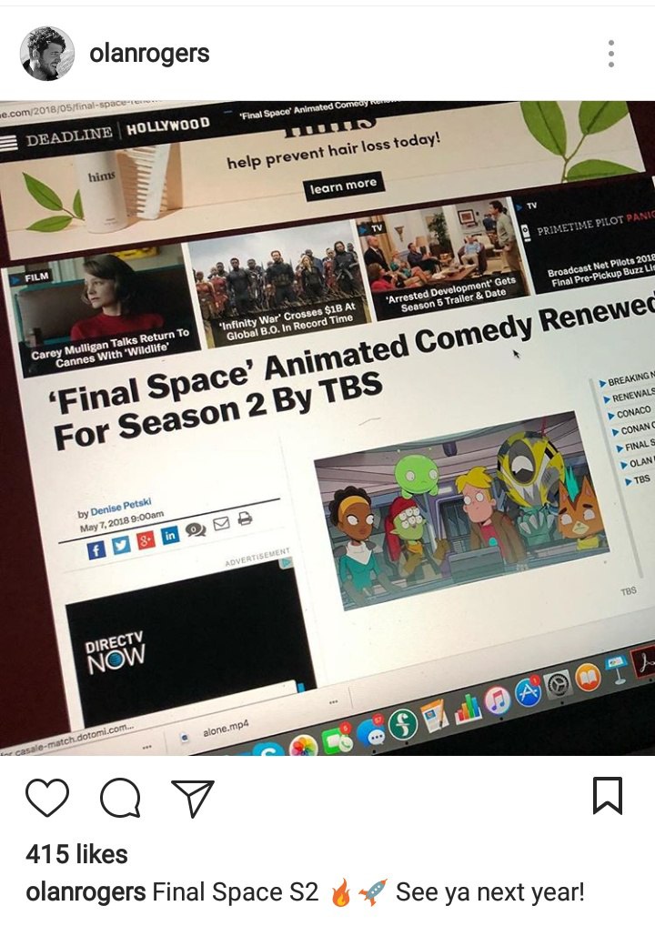 Final Space продлили на второй сезон! 

Пруф: http://deadline.com/2018/05/final-space-renewed-season-2-tbs-olan-rogers-conan-obrien-1202383813/amp/?__twitter_impression=true

UPD: Роджерс обмолвился,...