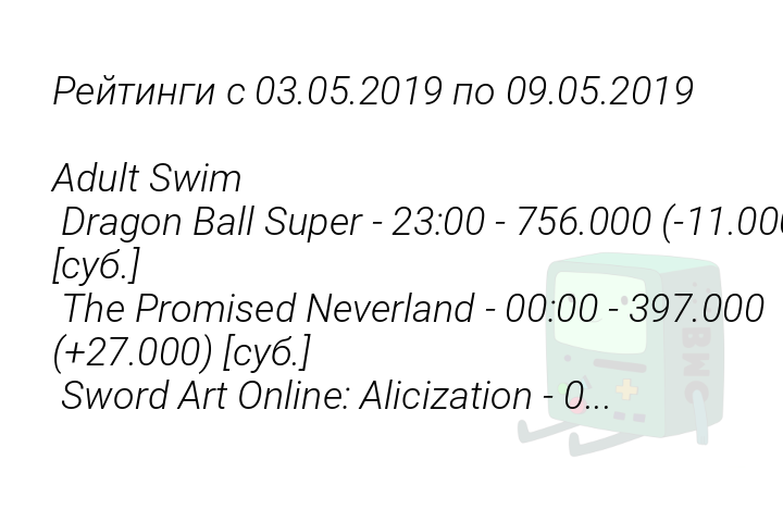 Рейтинги с 03.05.2019 по 09.05.2019 
 
Adult Swim 
 Dragon Ball Super - 23:00 - 756.000 (-11.000) [суб.] 
 The Promised Neverland - 00:00 - 397.000 (+27.000) [суб.] 
 Sword Art Online: Alicization - 0...