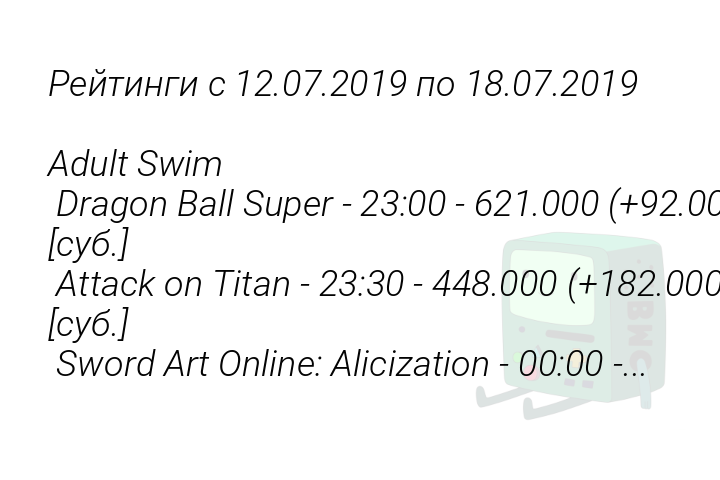 Рейтинги с 12.07.2019 по 18.07.2019 
 
Adult Swim 
 Dragon Ball Super - 23:00 - 621.000 (+92.000) [суб.] 
 Attack on Titan - 23:30 - 448.000 (+182.000) [суб.] 
 Sword Art Online: Alicization - 00:00 -...