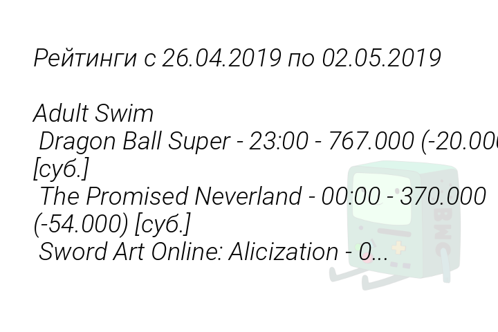 Рейтинги с 26.04.2019 по 02.05.2019 
 
Adult Swim 
 Dragon Ball Super - 23:00 - 767.000 (-20.000) [суб.] 
 The Promised Neverland - 00:00 - 370.000 (-54.000) [суб.] 
 Sword Art Online: Alicization - 0...